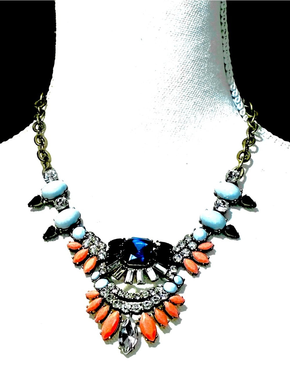 J. Crew Navy, Coral & Light Gray Crystal Bib Necklace
